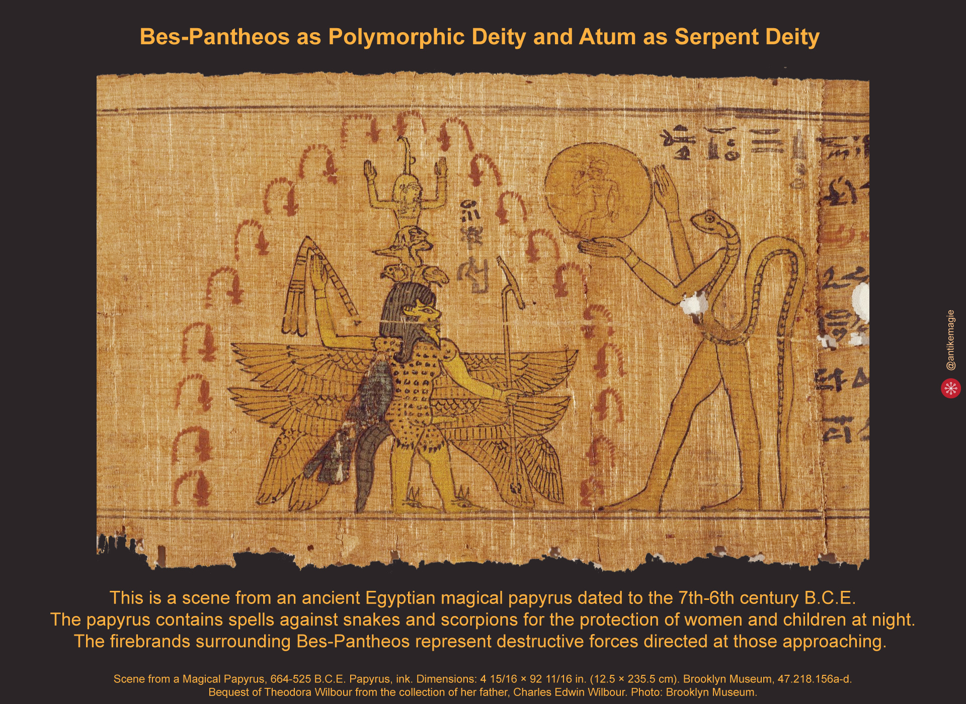 Scene from a Magical Papyrus, 664-525 B.C.E. Papyrus, ink. Dimensions: 4 15/16 × 92 11/16 in. (12.5 × 235.5 cm). Brooklyn Museum, 47.218.156a-d. Bequest of Theodora Wilbour from the collection of her father, Charles Edwin Wilbour. Photo: Brooklyn Museum.