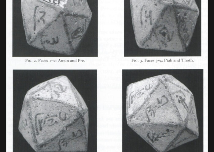 Icosahedron, limestone, inscribed in Demotic with the names of 20 different Egyptian deities, 1st century A.D. (?)Qaret el-Muzzawaqa, Western end of the Dakhleh Oasis, New Valley Museum, Kharga, Egypt, inventory number 843. Image: M. Minas-Nerpel, A Demotic Inscribed Icosahedron From Dakhleh Oasis, in: The Journal of Egyptian Archaeology, vol. 93, 2007, p. 142.