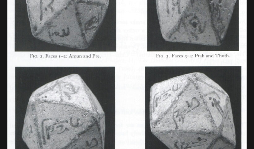 Icosahedron, limestone, inscribed in Demotic with the names of 20 different Egyptian deities, 1st century A.D. (?)Qaret el-Muzzawaqa, Western end of the Dakhleh Oasis, New Valley Museum, Kharga, Egypt, inventory number 843. Image: M. Minas-Nerpel, A Demotic Inscribed Icosahedron From Dakhleh Oasis, in: The Journal of Egyptian Archaeology, vol. 93, 2007, p. 142.