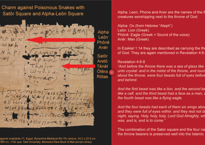 Coptic Charm against Poisonous Snakes with Satôr Square and Alpha-Leôn Square, papyrus, 6th-7th century, Egypt, 24.2 x 22.9 cm. Yale University, Beinecke Rare Book & Manuscript Library, P.CtYBR inv. 1792 qua. Infographic: © Kirsten D. Dzwiza ∙ ancientmagic.academy