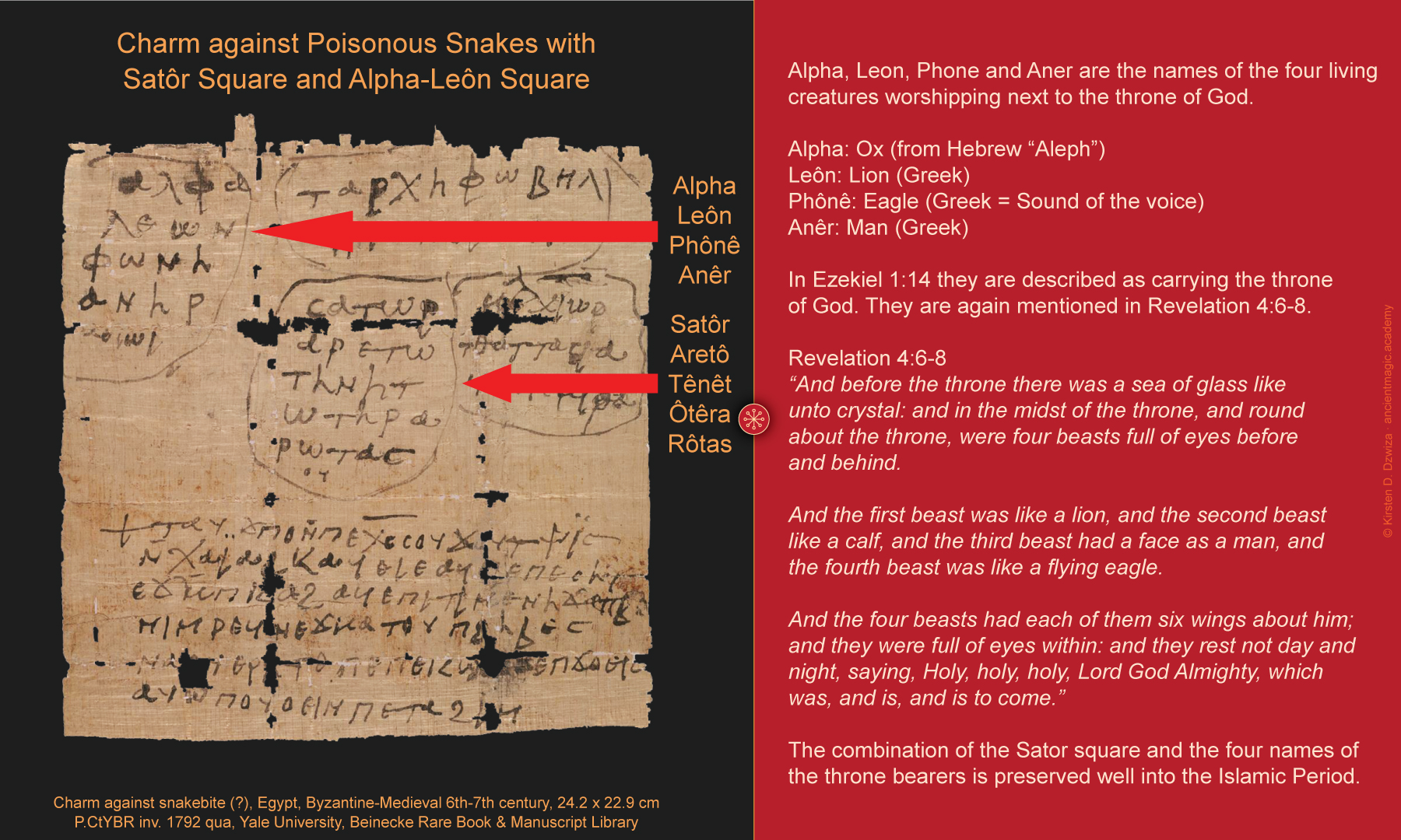 Coptic Charm against Poisonous Snakes with Satôr Square and Alpha-Leôn Square, papyrus, 6th-7th century, Egypt, 24.2 x 22.9 cm. Yale University, Beinecke Rare Book & Manuscript Library, P.CtYBR inv. 1792 qua. Infographic: © Kirsten D. Dzwiza ∙ ancientmagic.academy